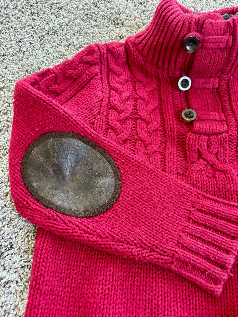 Boys gap Cozy Red Cable-Knit Sweater with Buttoned sherpa Neck and patched elbow